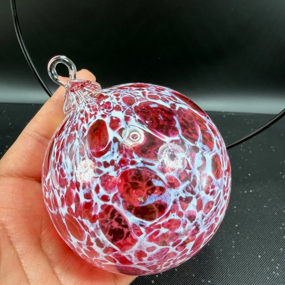Hand Blown Glass Friendship Ball Ornament Pink‎ White Speckled Heart Stand VTG